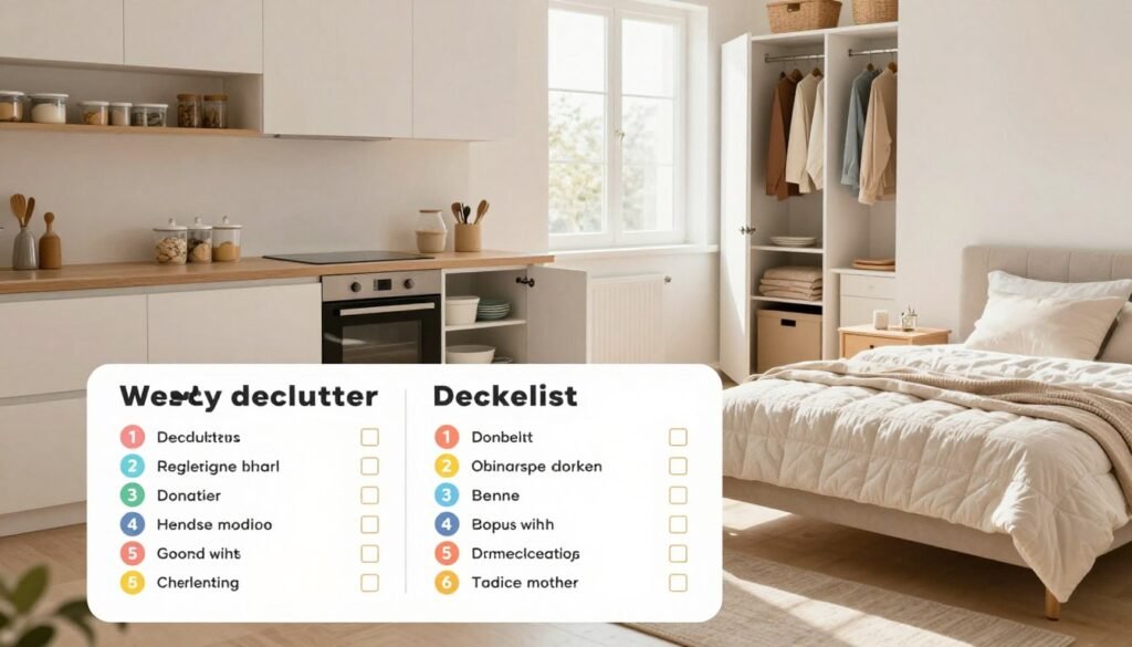 A weekly decluttering plan marks kitchen and bedroom zones A weekly decluttering plan marks kitchen and bedroom zones