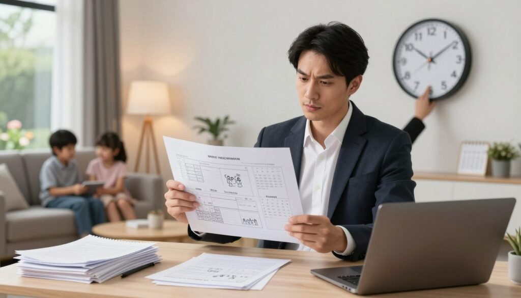 A worker balances a project plan with time for family