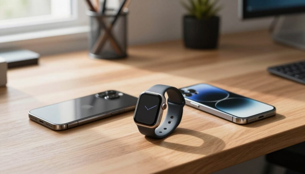 An Apple Watch sits beside an iPhone and Android phone
