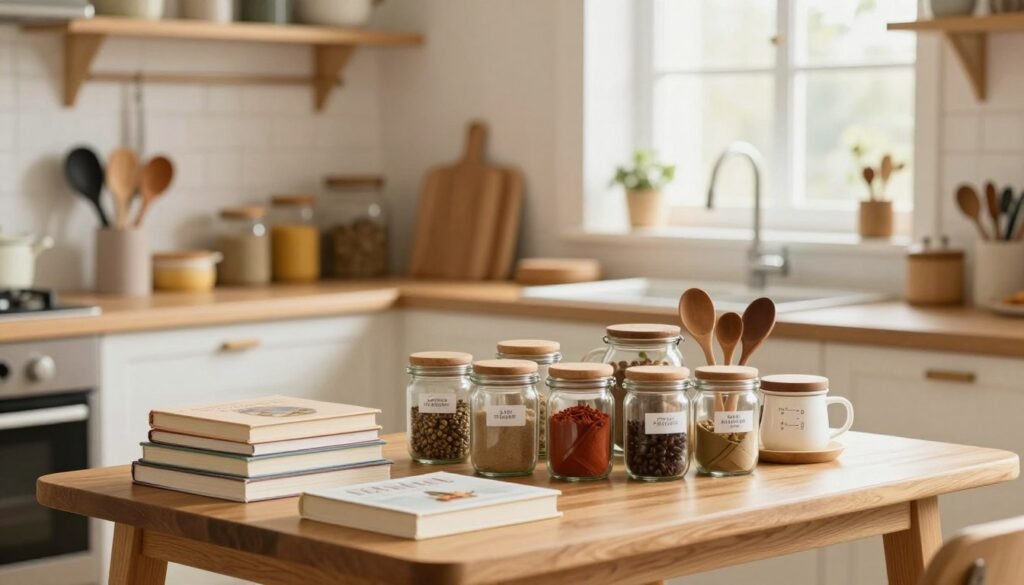 Books and kitchen items grouped by category for decluttering Books and kitchen items grouped by category for decluttering