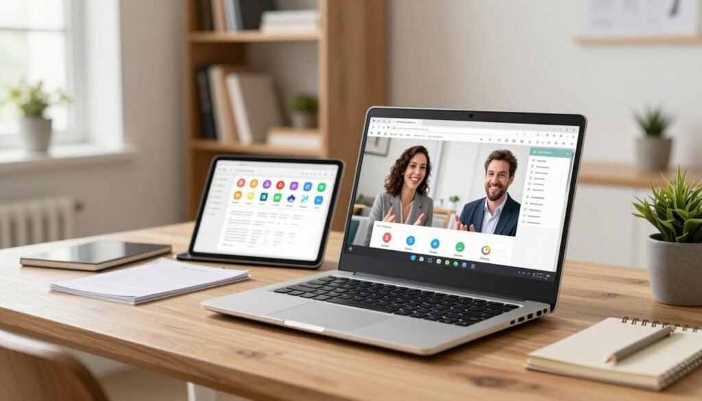 Browser tabs, office document, and video call on laptop Browser tabs, office document, and video call on laptop