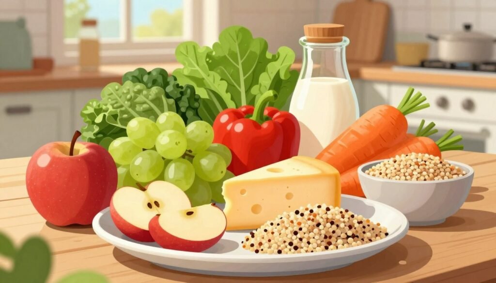 Daily food groups with fruit, dairy, vegetables, and whole grains Daily food groups with fruit, dairy, vegetables, and whole grains