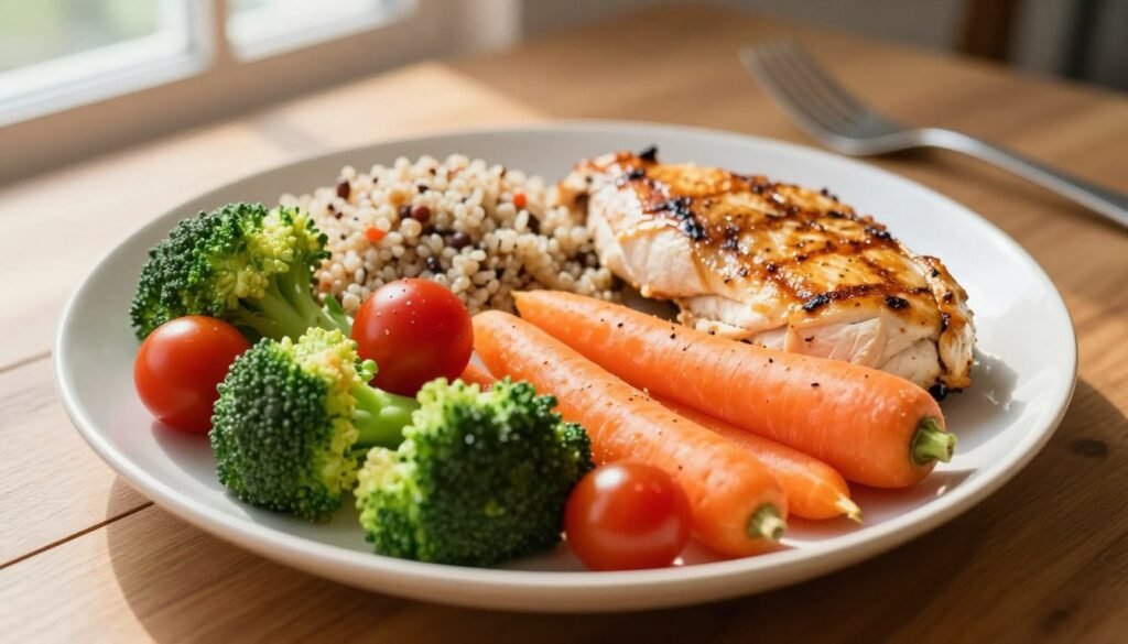 Vegetables, fruit, whole grains, and protein on a dinner plate Vegetables, fruit, whole grains, and protein on a dinner plate